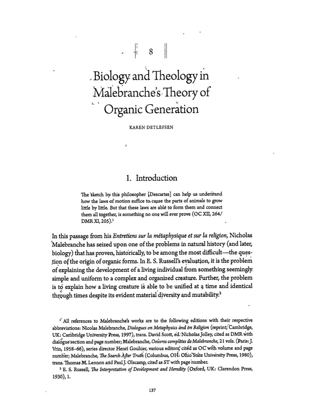 Biology and Theology in Malebranche's Theory of Organic