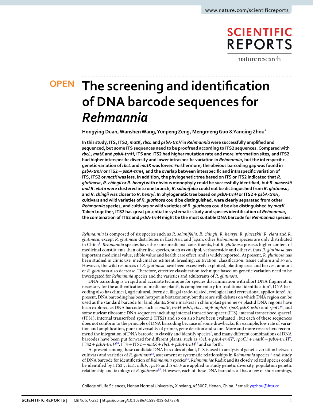The Screening and Identification of DNA Barcode Sequences