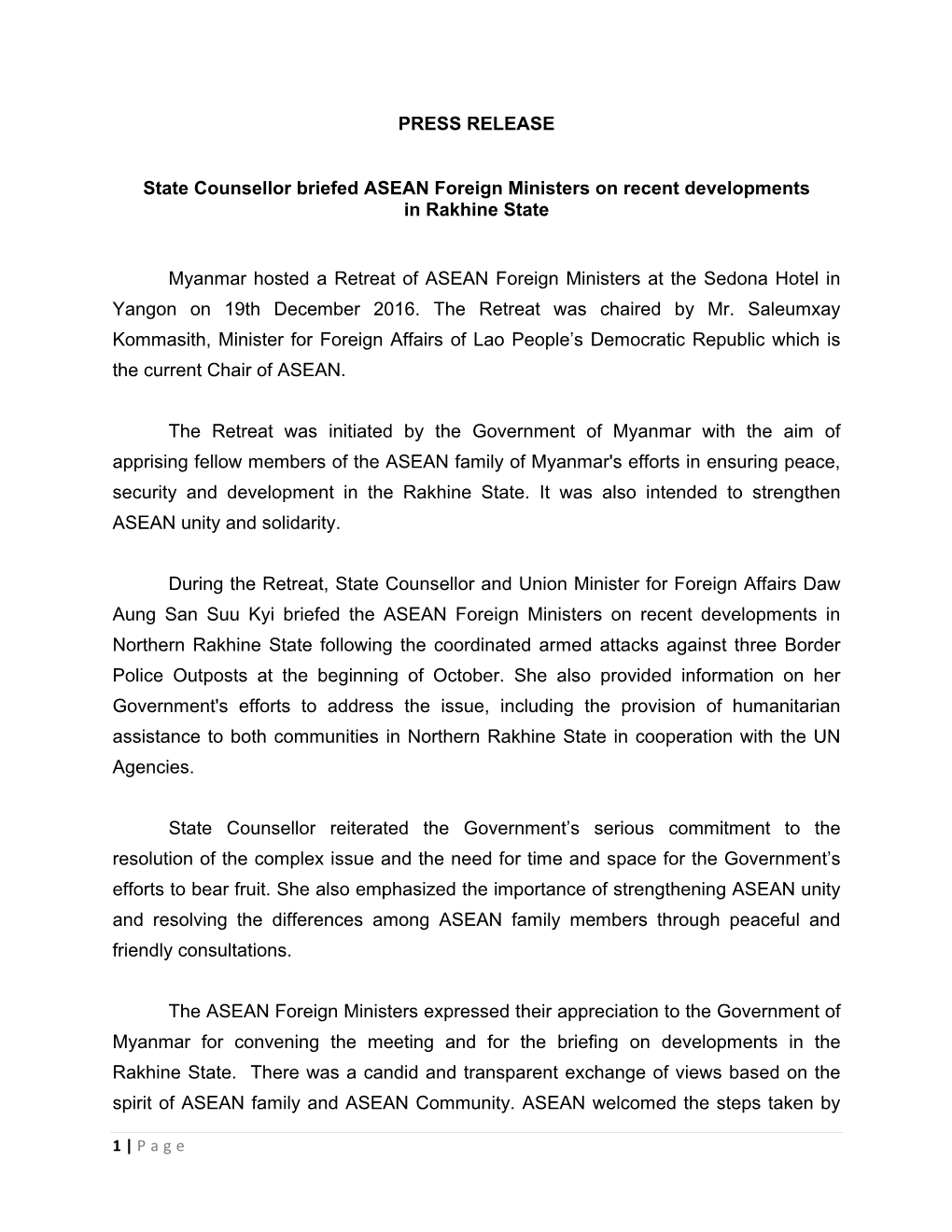 PRESS RELEASE State Counsellor Briefed ASEAN Foreign Ministers