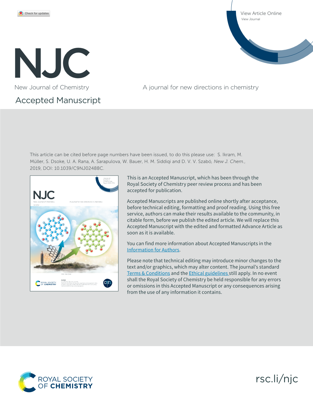 NJC New Journal of Chemistry a Journal for New Directions in Chemistry Accepted Manuscript