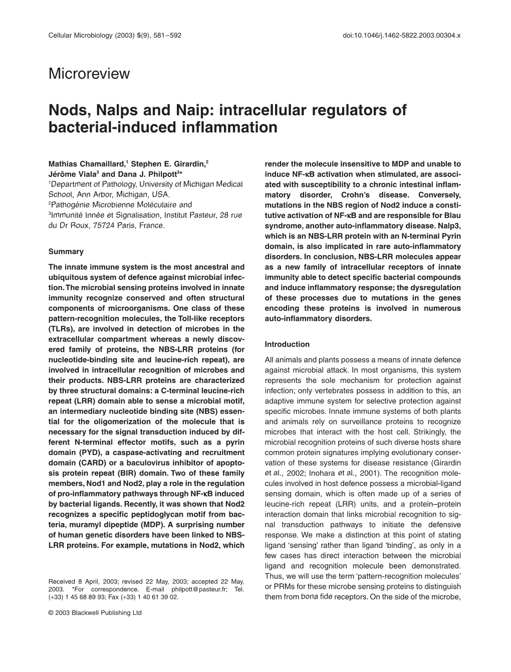 Nods, Nalps and Naip: Intracellular Regulators of Bacterial-Induced Inﬂammation