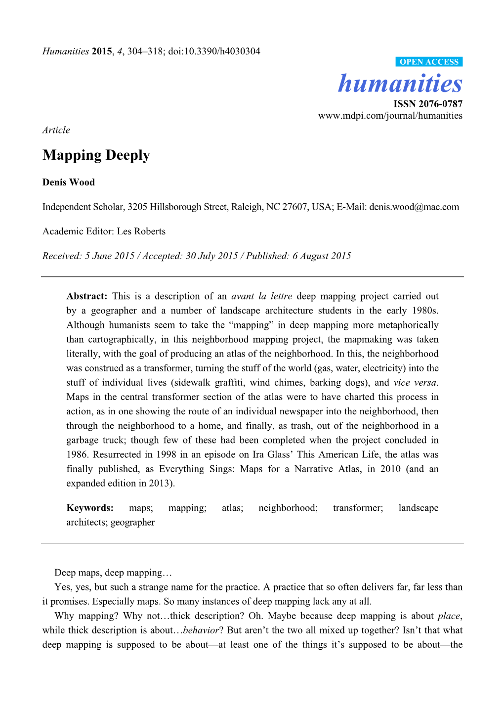 Humanities 2015, 4, 304–318; Doi:10.3390/H4030304 OPEN ACCESS Humanities ISSN 2076-0787 Article Mapping Deeply