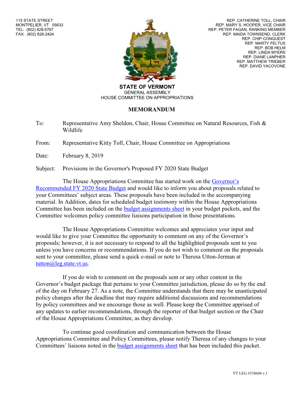 FY20 Budget Letter to House Committee