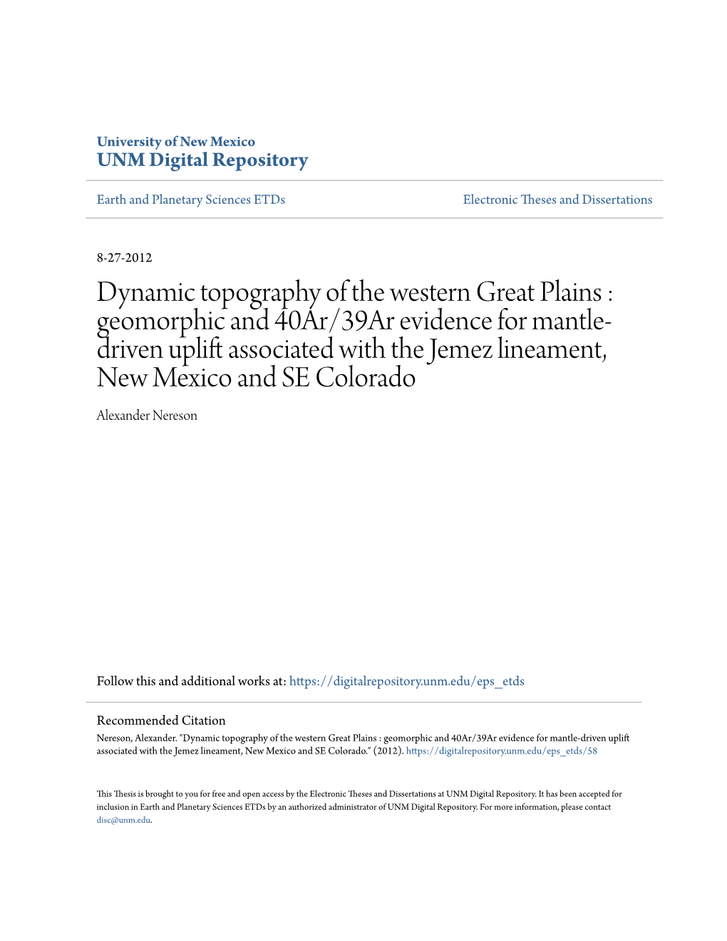 Dynamic Topography of the Western Great Plains : Geomorphic and 40Ar