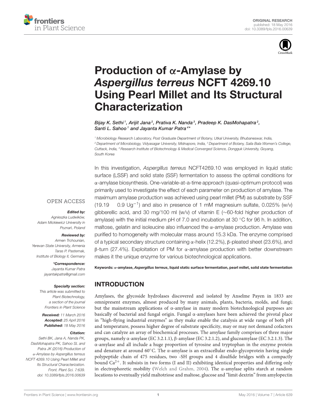 Production of Α-Amylase by Aspergillus Terreus NCFT 4269.10 Using Pearl Millet and Its Structural Characterization