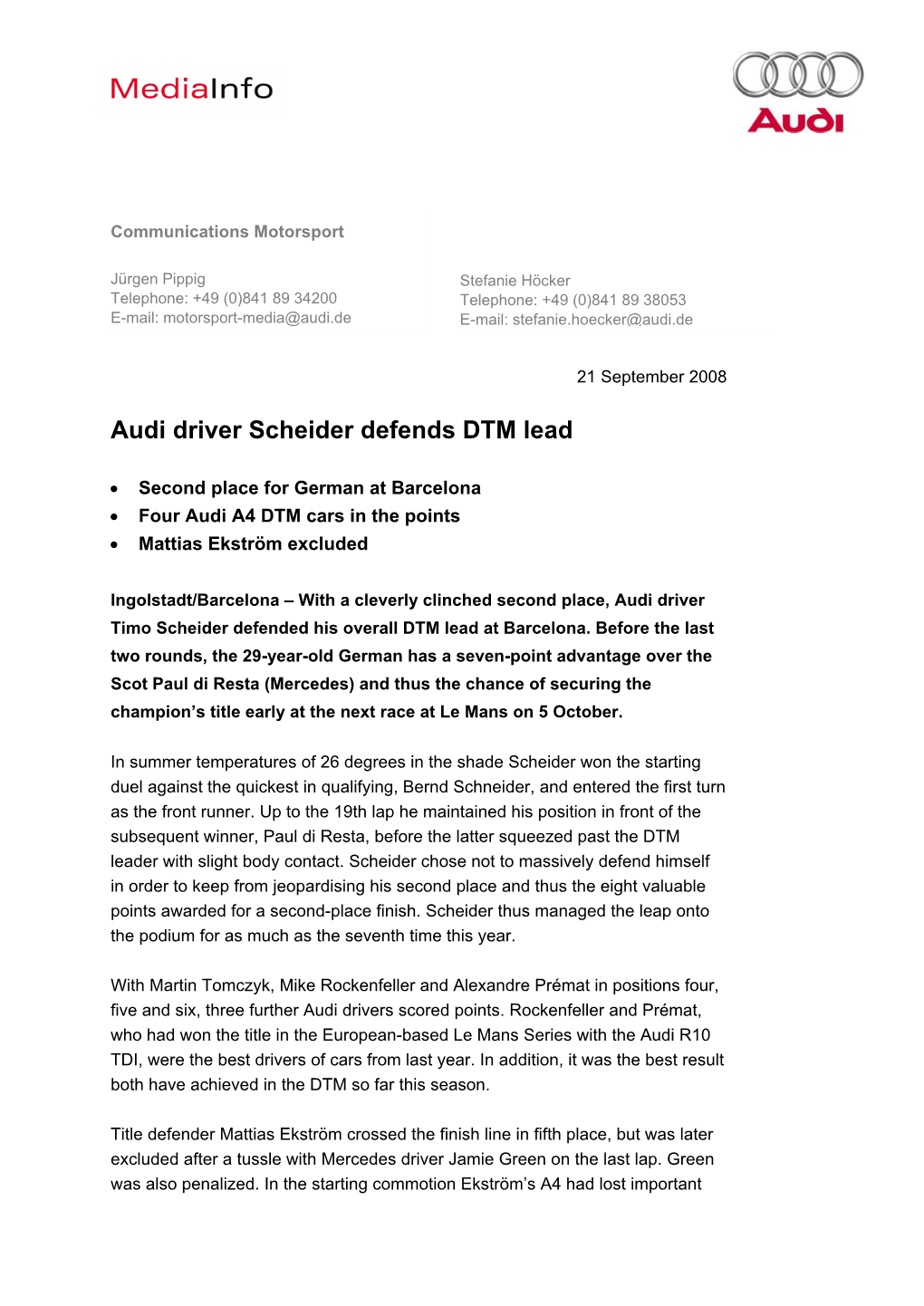 Audi Driver Scheider Defends DTM Lead