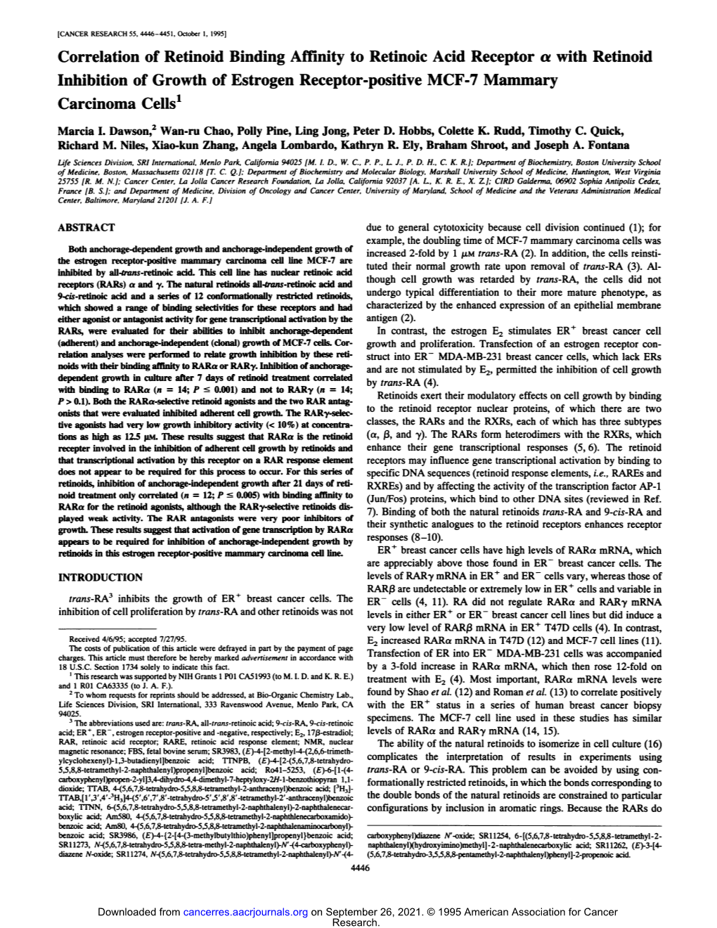 Correlation of Retinoid Binding Affinity to Retinoic Acid Receptor Otwith