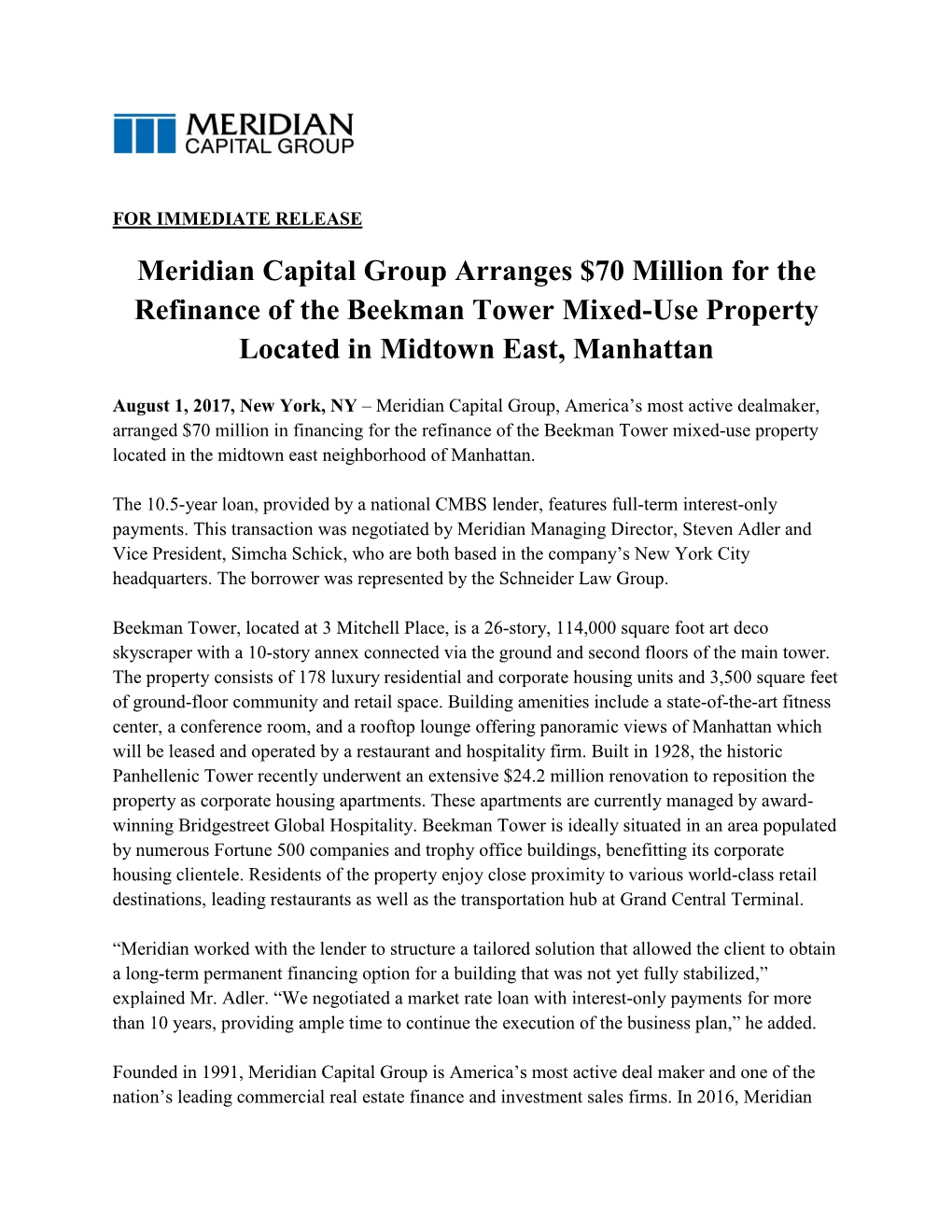 Meridian Capital Group Arranges $70 Million for the Refinance of the Beekman Tower Mixed-Use Property Located in Midtown East, Manhattan