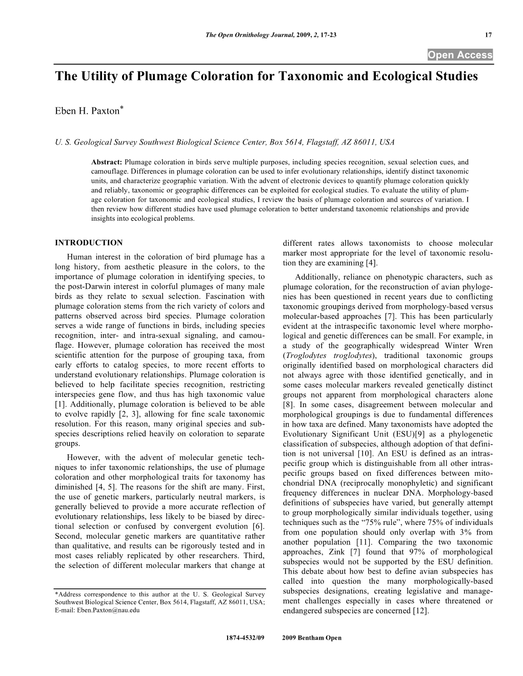 The Utility of Plumage Coloration for Taxonomic and Ecological Studies