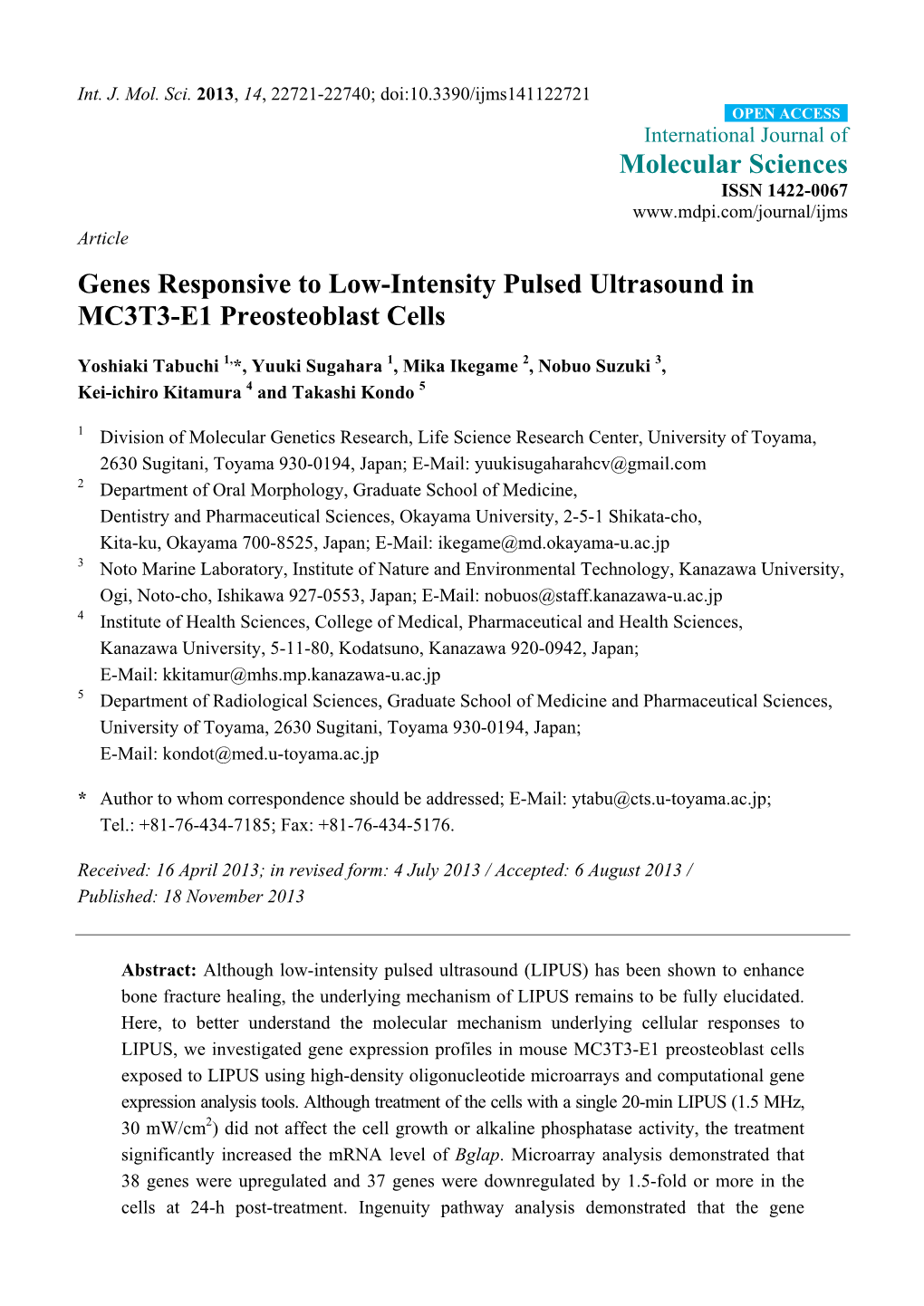 Genes Responsive to Low-Intensity Pulsed Ultrasound in MC3T3-E1 Preosteoblast Cells