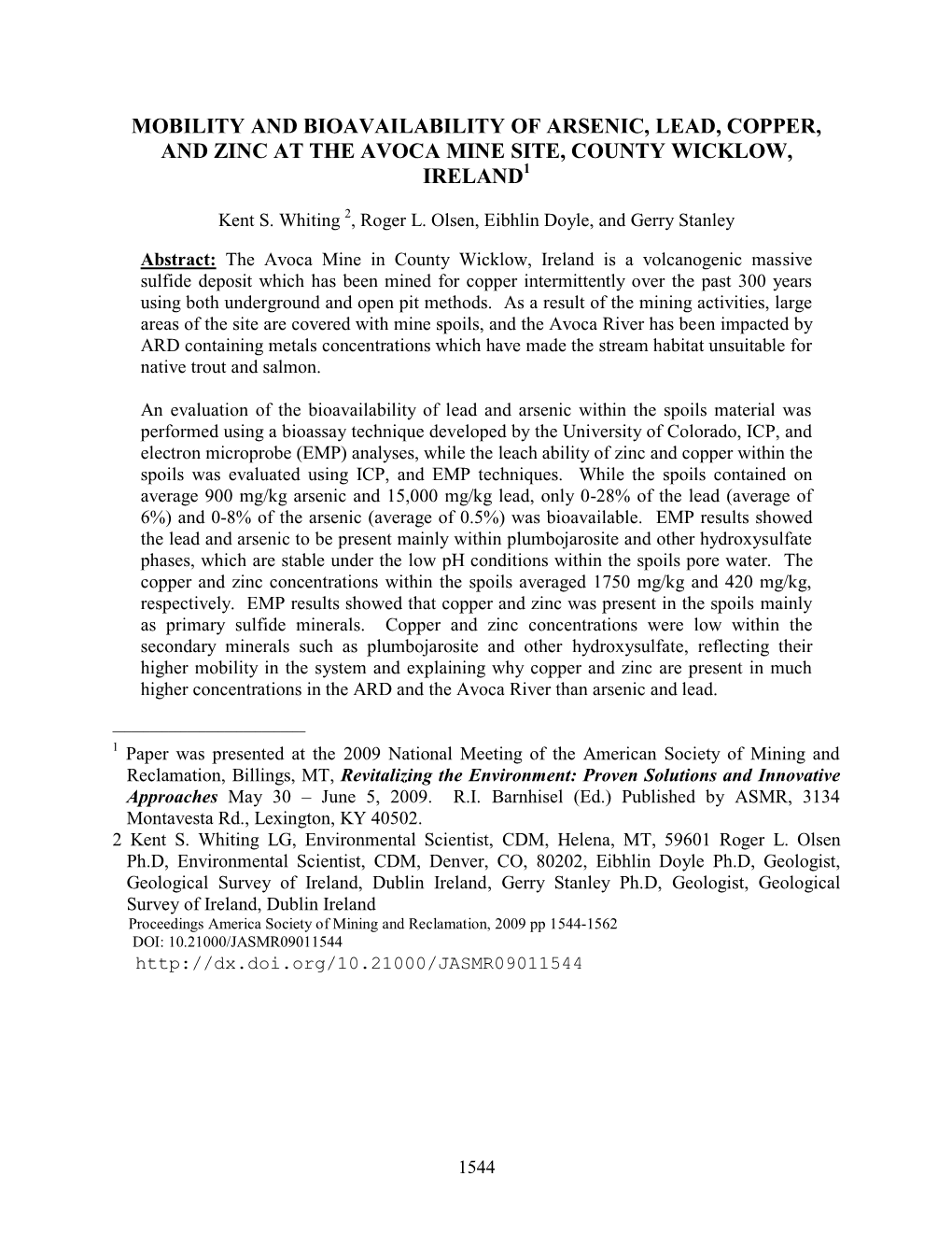 Mobility and Bioavailability of Arsenic, Lead, Copper, and Zinc at the Avoca Mine Site, County Wicklow, Ireland1