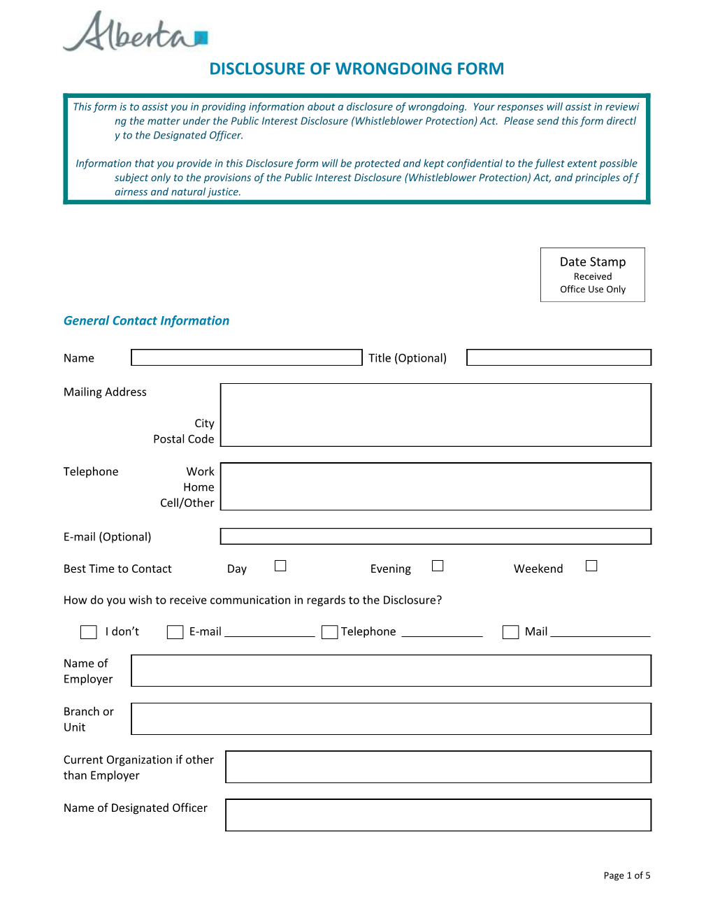 Disclosure of Wrongdoing Form