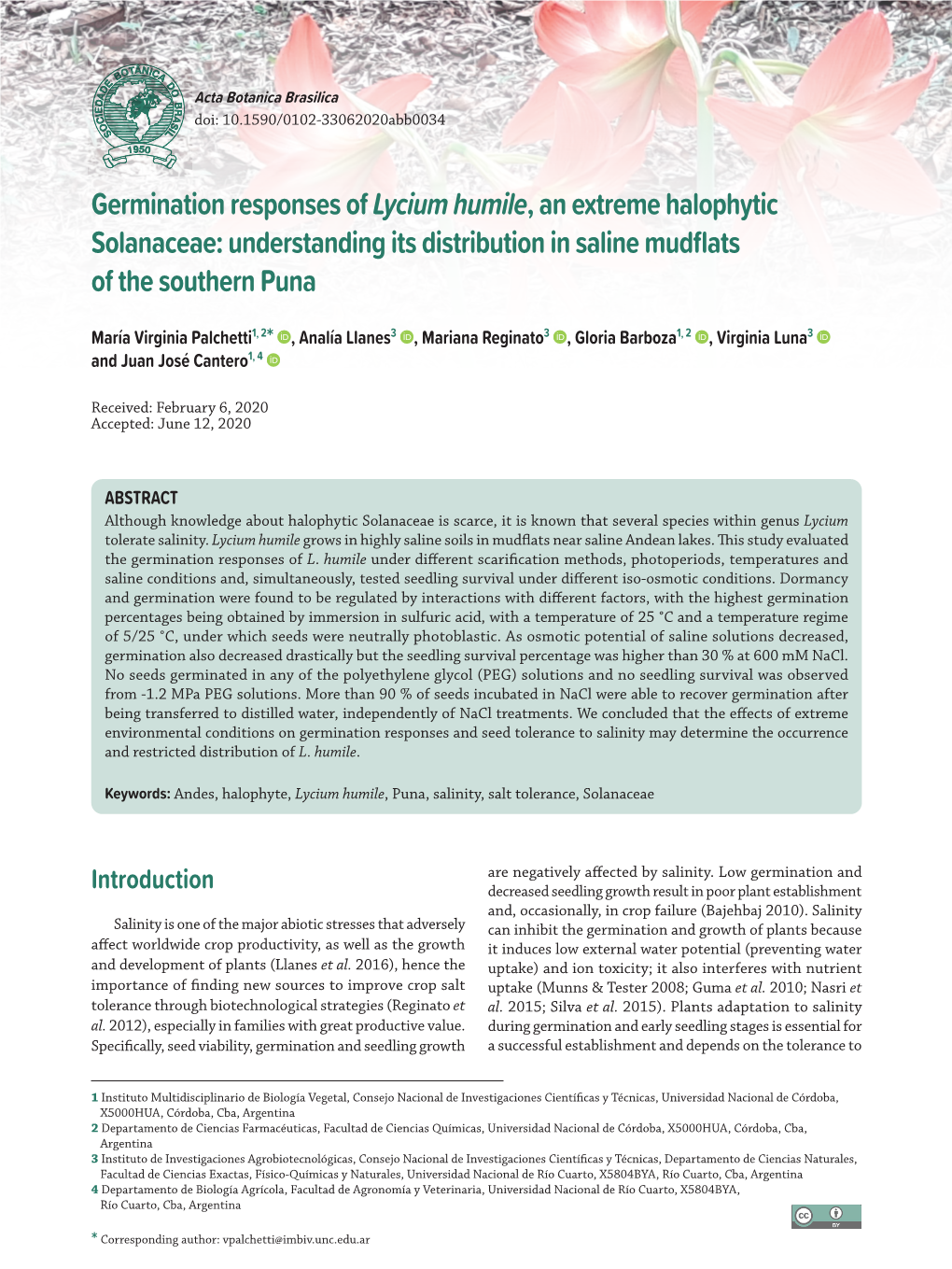 Germination Responses of Lycium Humile, an Extreme Halophytic Solanaceae: Understanding Its Distribution in Saline Mudflats of the Southern Puna