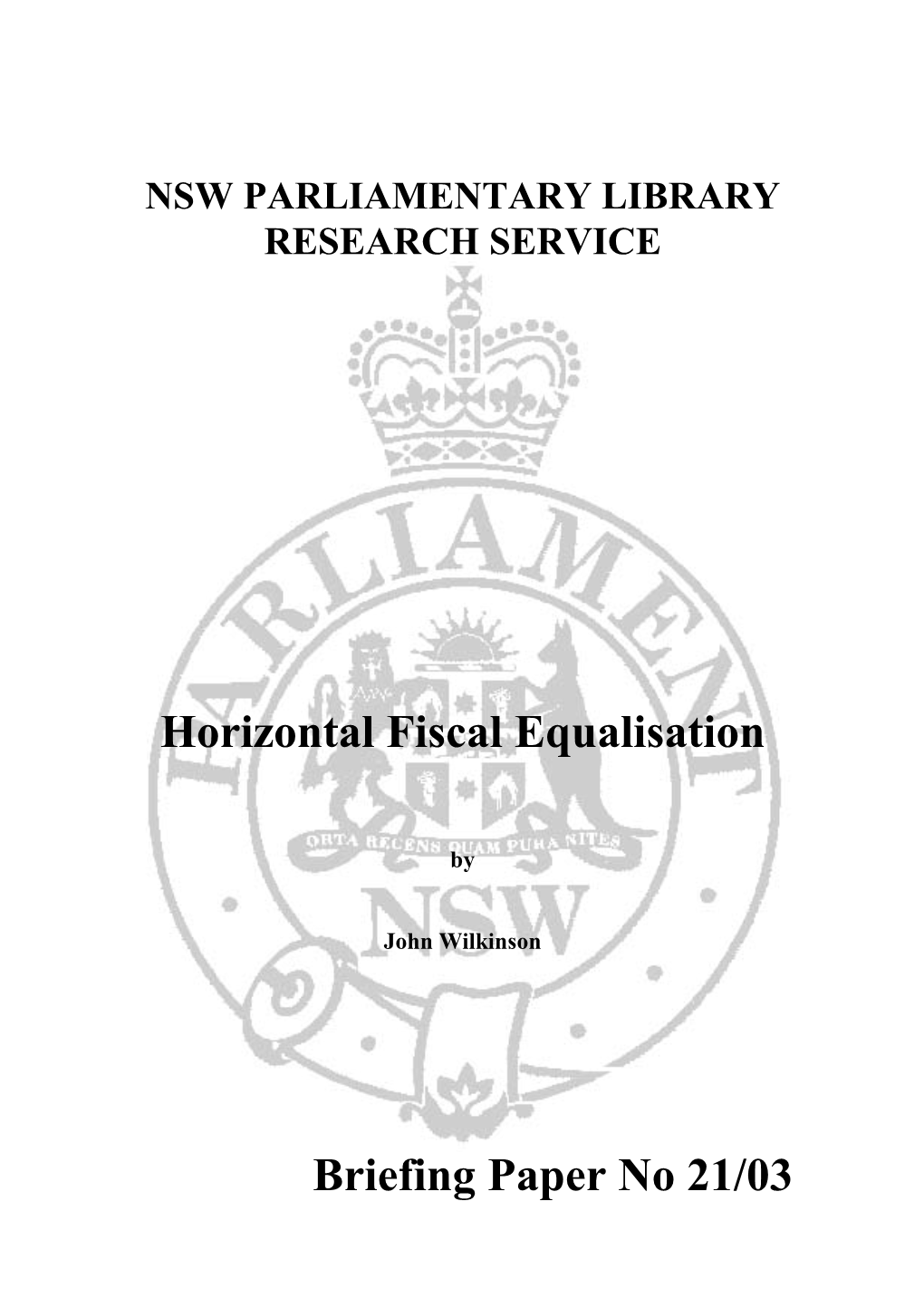 Horizontal Fiscal Equalisation Briefing Paper No 21/03