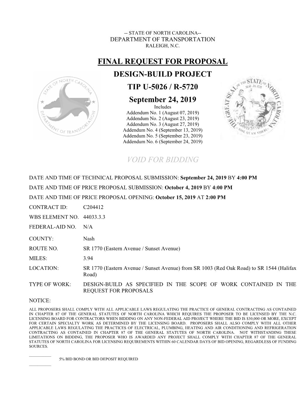 FINAL REQUEST for PROPOSAL DESIGN-BUILD PROJECT TIP U-5026 / R-5720 September 24, 2019 Includes Addendum No