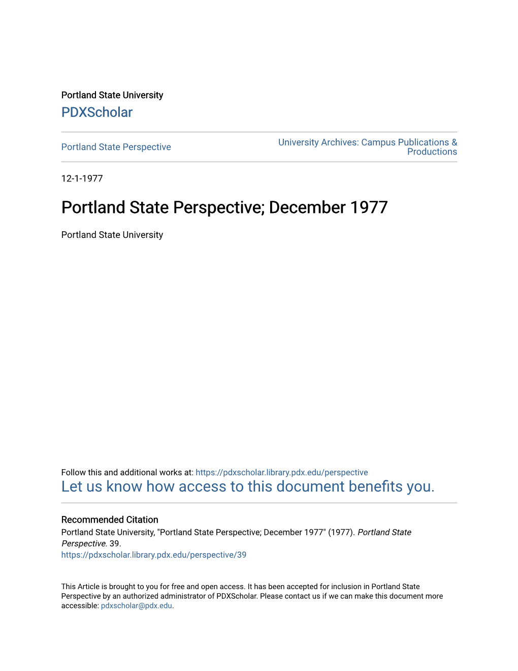 Portland State Perspective; December 1977