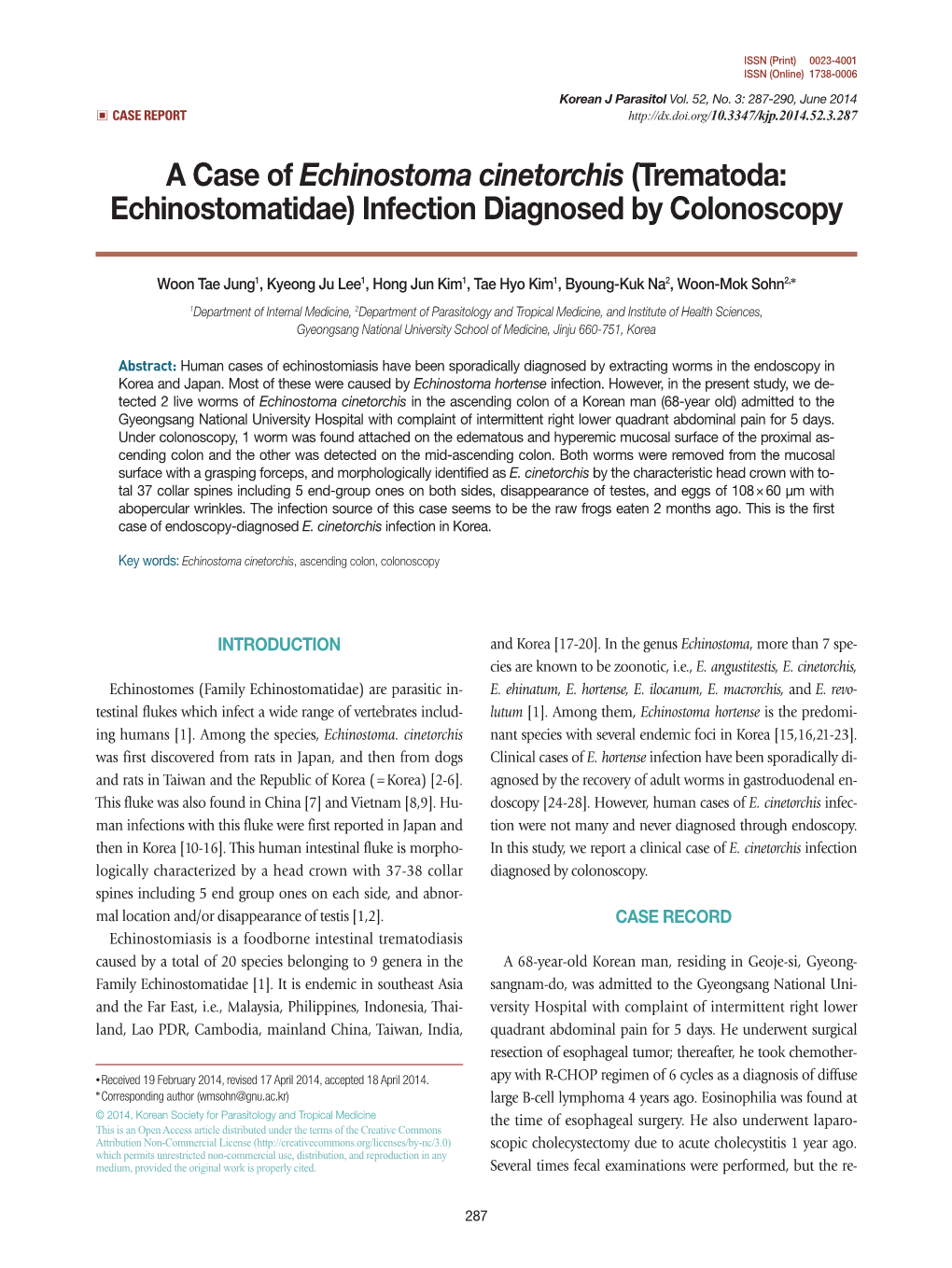 A Case of Echinostoma Cinetorchis (Trematoda: Echinostomatidae) Infection Diagnosed by Colonoscopy