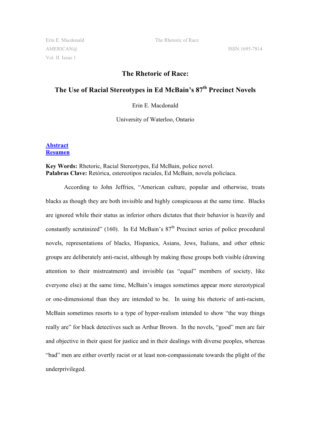 The Use of Racial Stereotypes in Ed Mcbain's 87 Precinct Novels