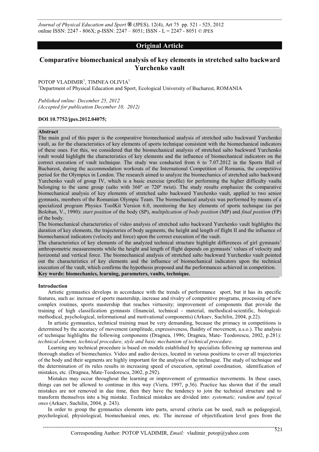 Original Article Comparative Biomechanical Analysis of Key Elements in Stretched Salto Backward Yurchenko Vault