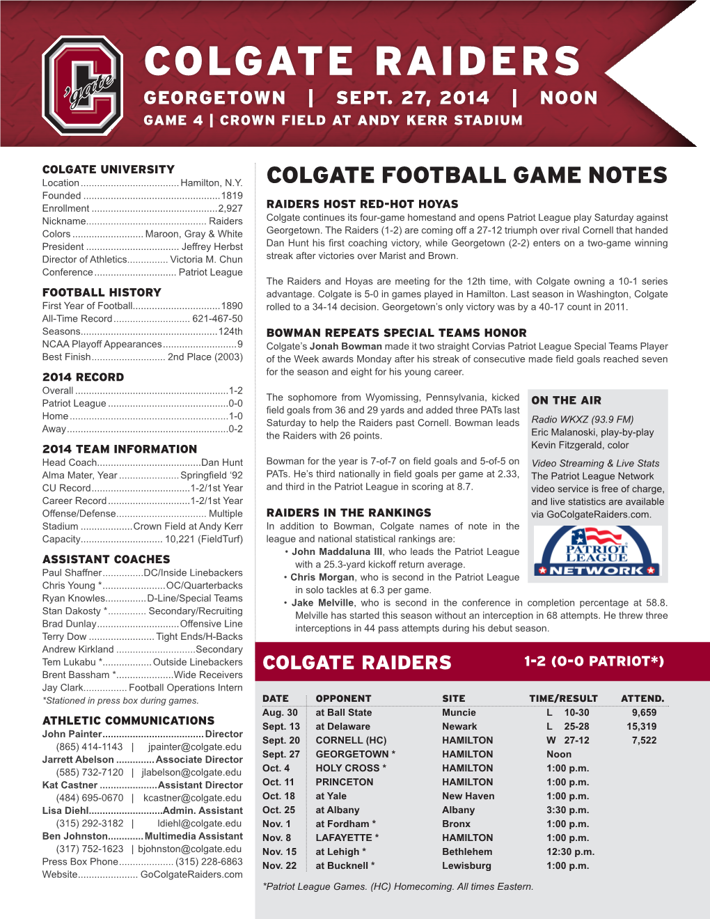 Colgate Raiders Georgetown | Sept