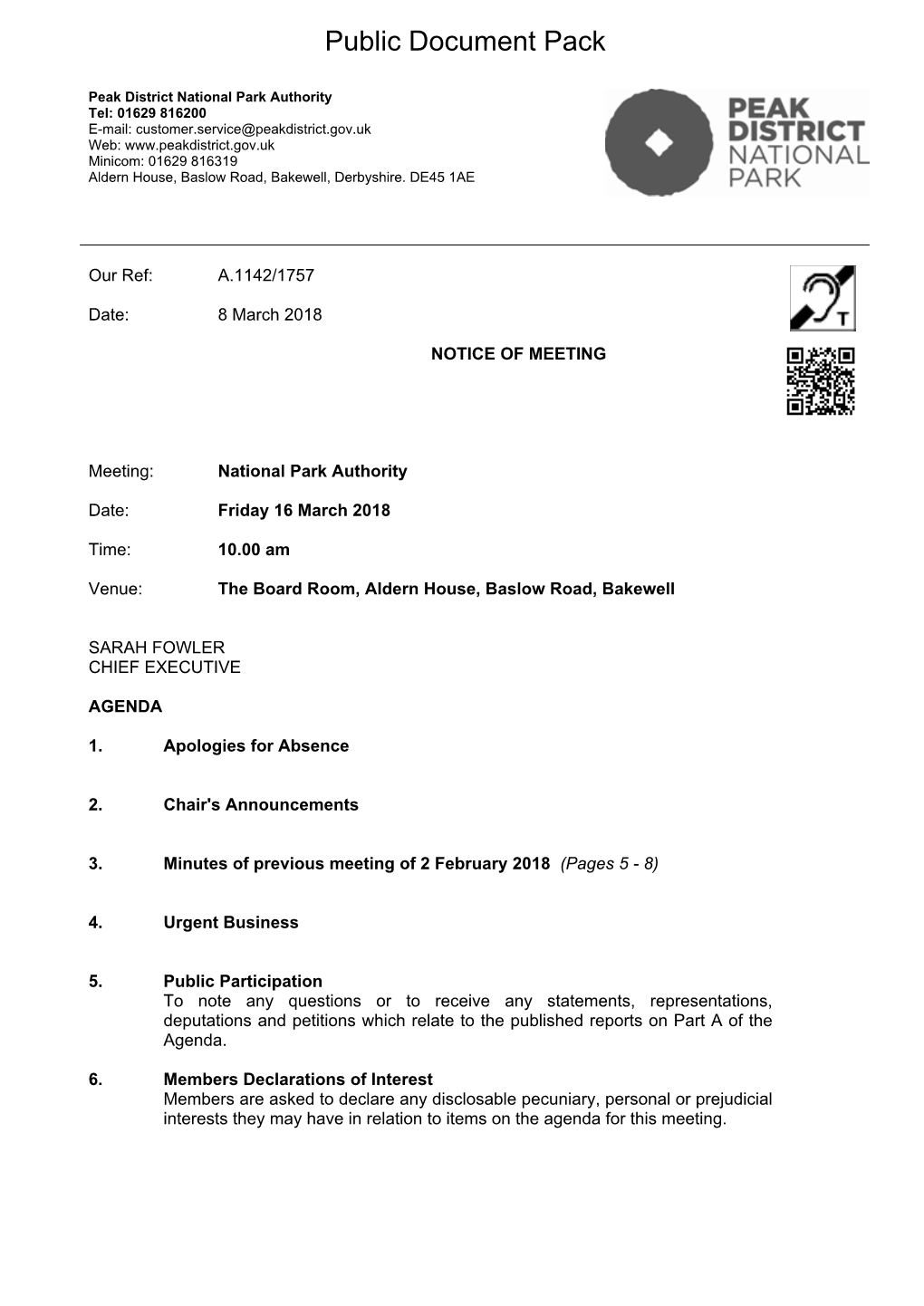 (Public Pack)Agenda Document for National Park Authority, 16/03/2018