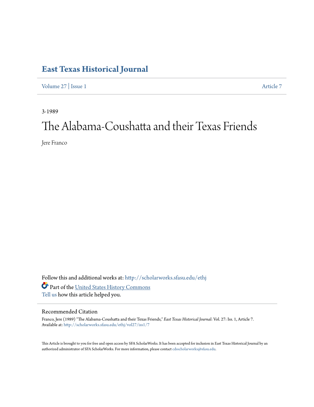 The Alabama-Coushatta and Their Texas Friends Jere Franco