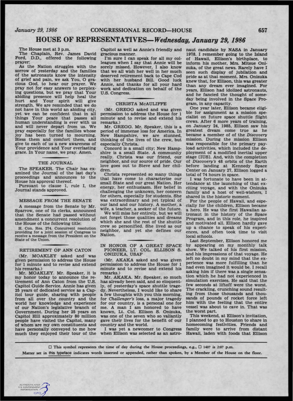 HOUSE of REPRESENTATIVES-Wednesday, January 29, 1986 the House Met at 3 P.M