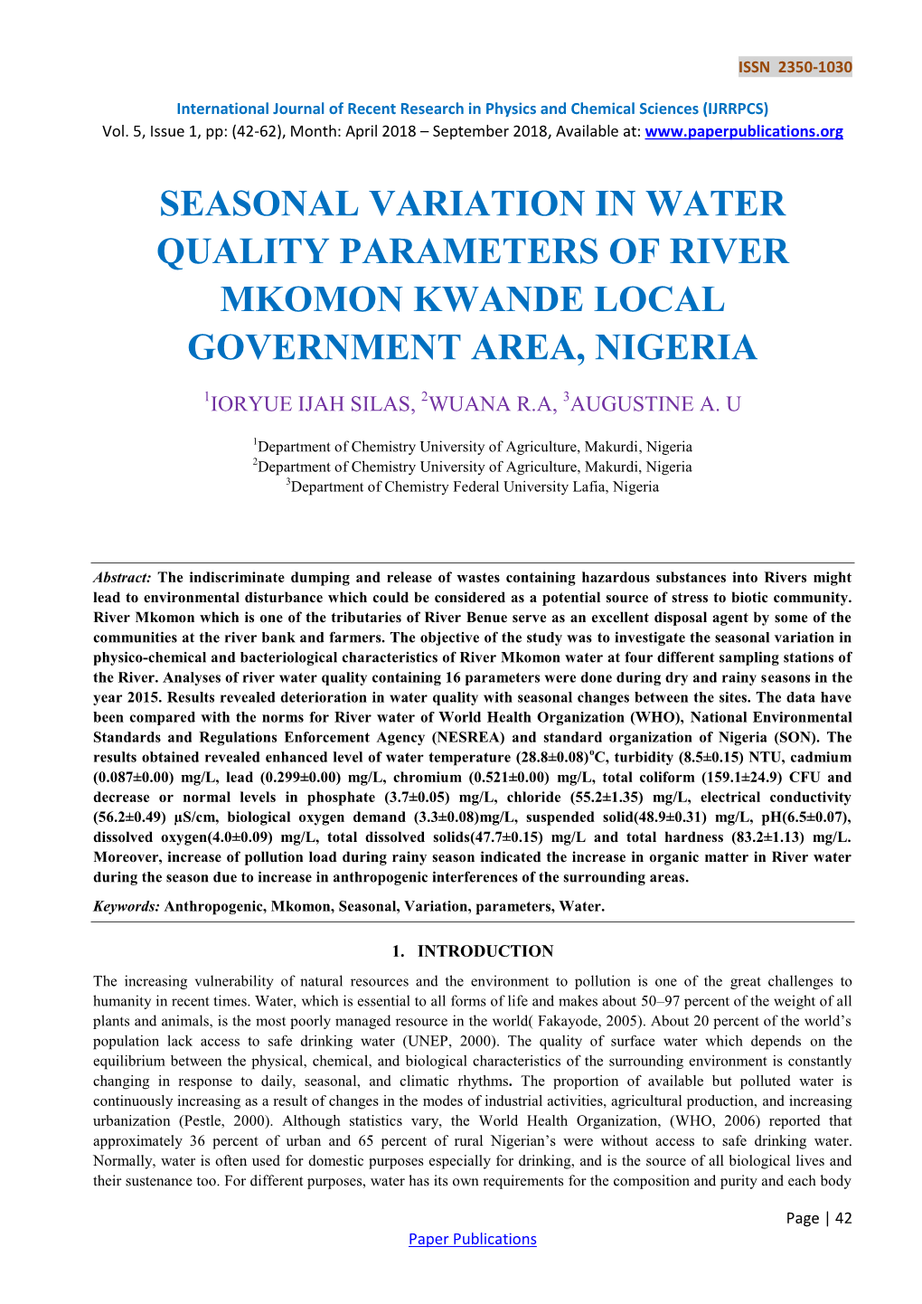Seasonal Variation in Water Quality Parameters of River Mkomon Kwande Local Government Area, Nigeria
