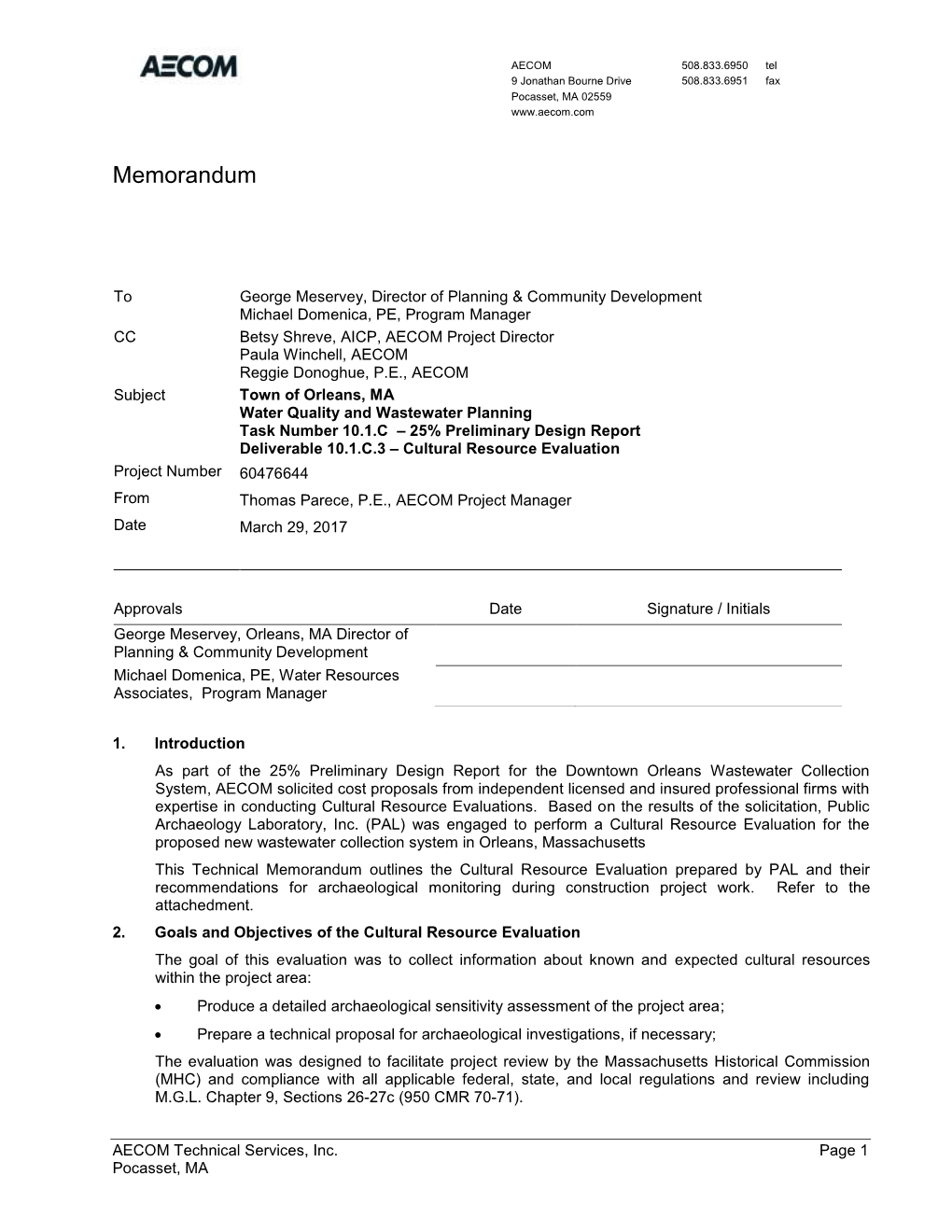 Memorandum Orleans Downtown Area Wastewater Collection System Project Orleans, Massachusetts