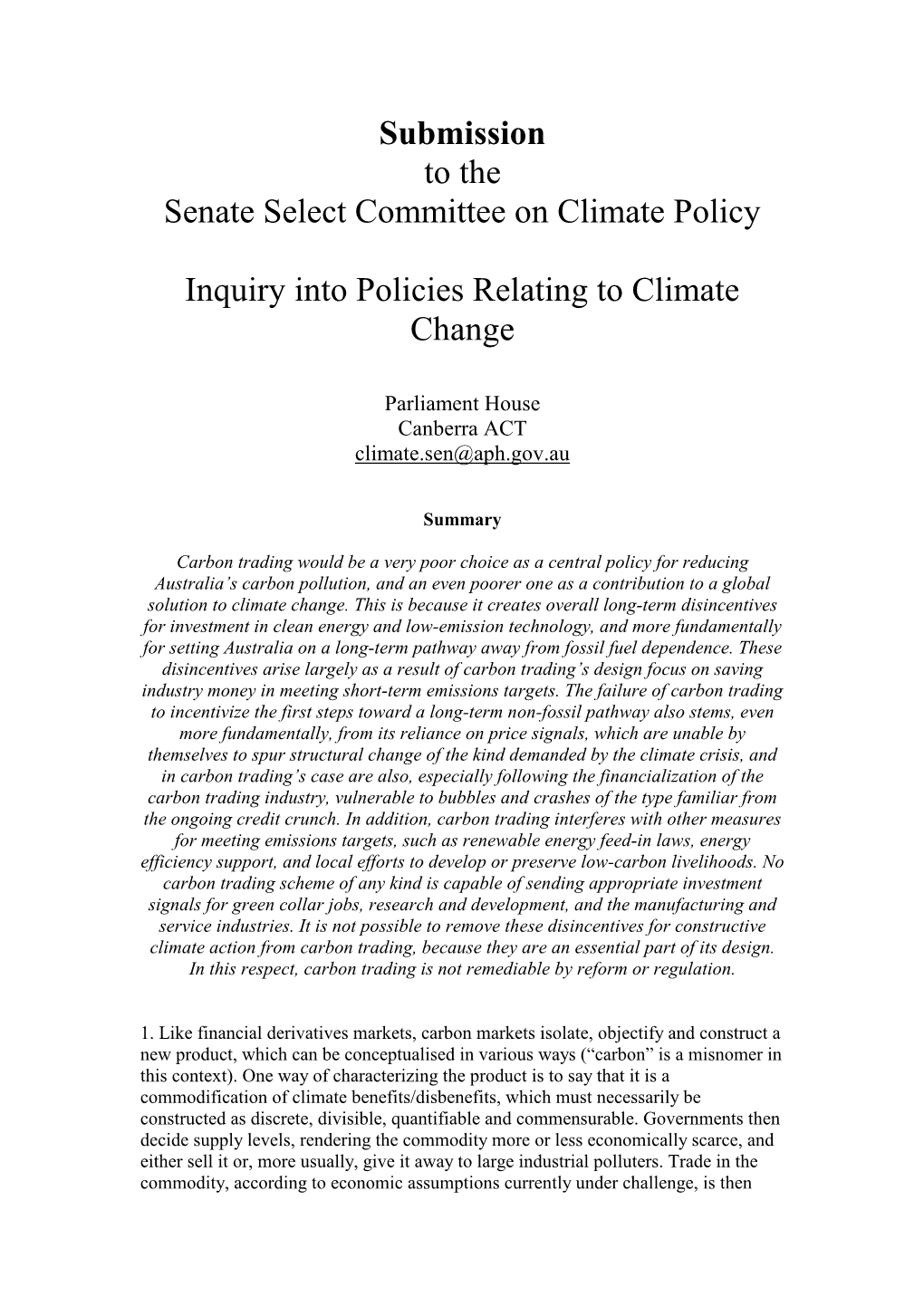 Submission: Senate Select Committee on Climate Policy