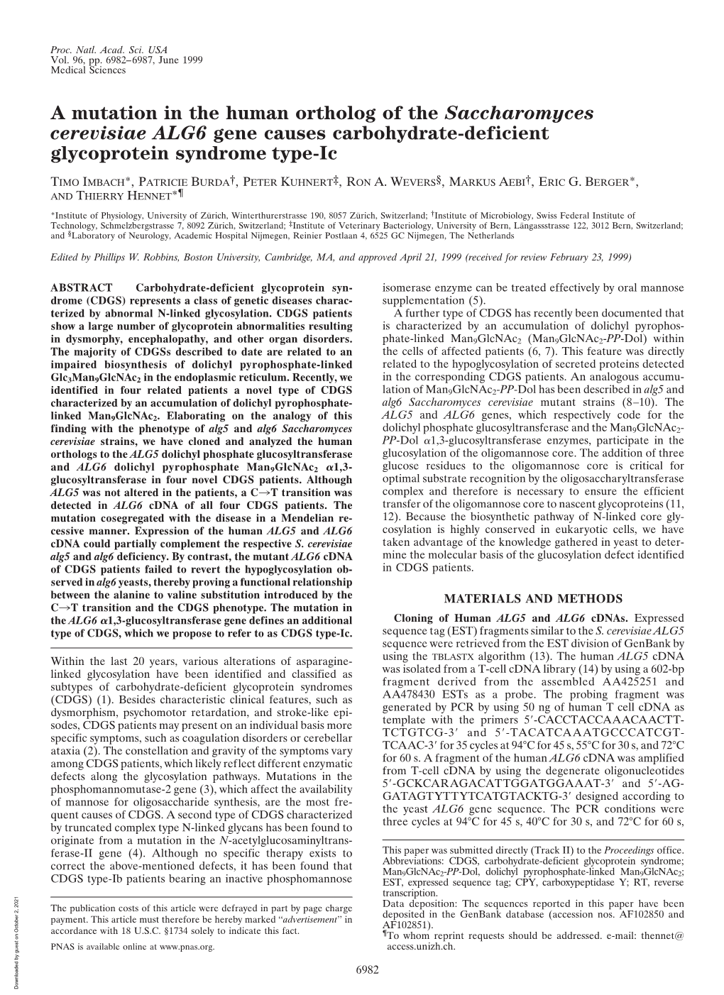 A Mutation in the Human Ortholog of the Saccharomyces Cerevisiae ALG6 Gene Causes Carbohydrate-Deficient Glycoprotein Syndrome Type-Ic