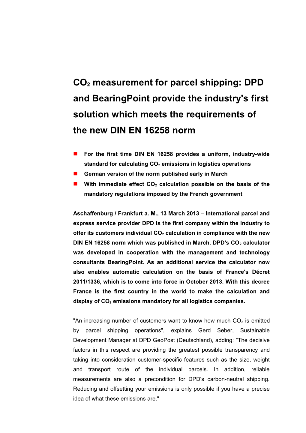 CO2 Measurement for Parcel Shipping: DPD and Bearingpoint Provide the Industry's First