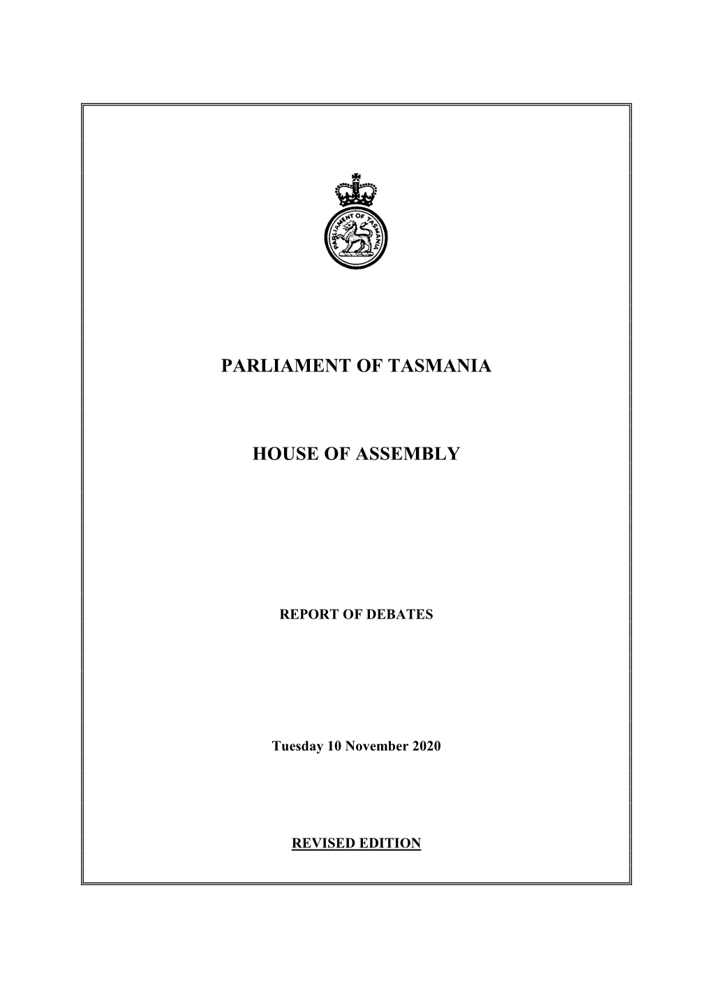 House of Assembly Tuesday 10 November 2020