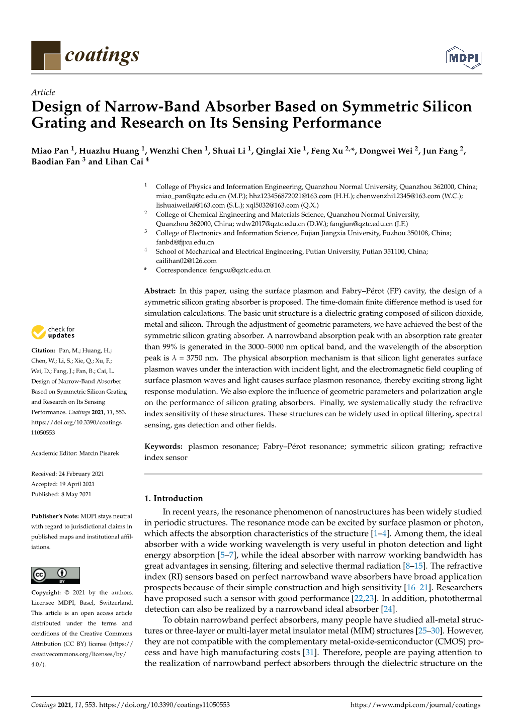 Design of Narrow-Band Absorber Based on Symmetric Silicon Grating and Research on Its Sensing Performance