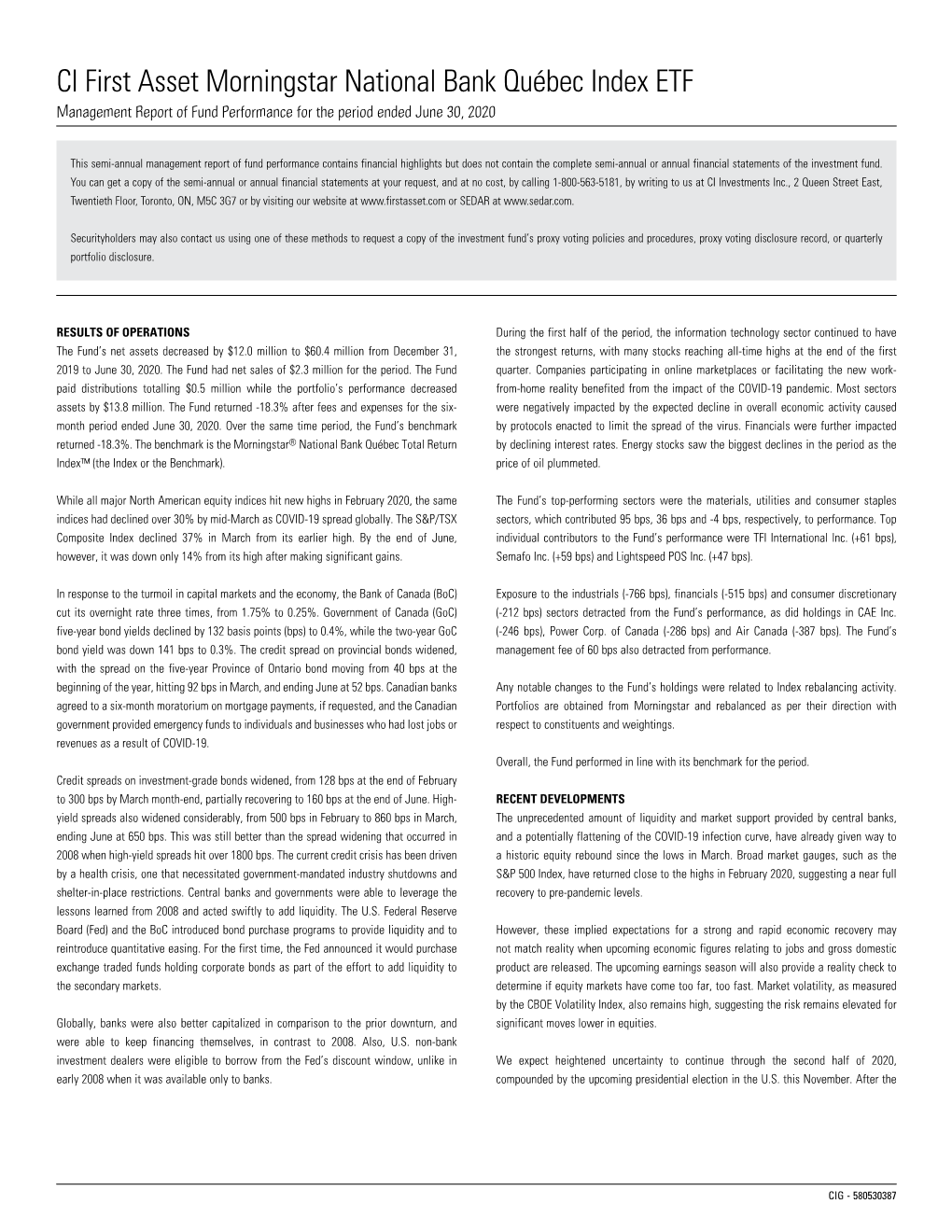 Management Report of Fund Performance for the Period Ended June 30, 2020