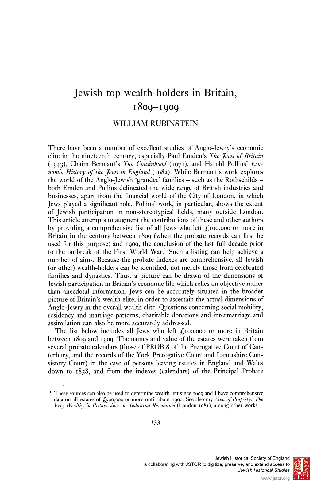 Jewish Top Wealth—Holders in Britain, 1809—1909