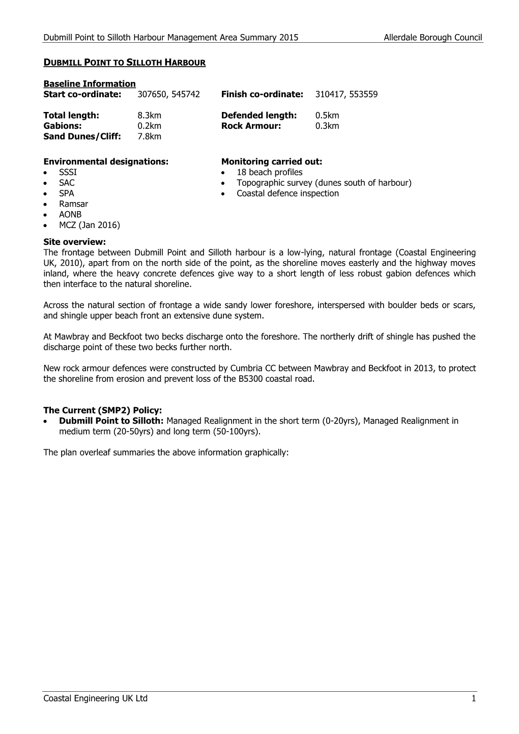 Dubmill Point to Silloth Harbour Management Area Summary 2015 Allerdale Borough Council