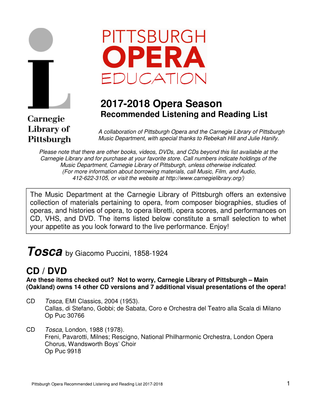 2017-2018 Opera Season Recommended Listening and Reading List