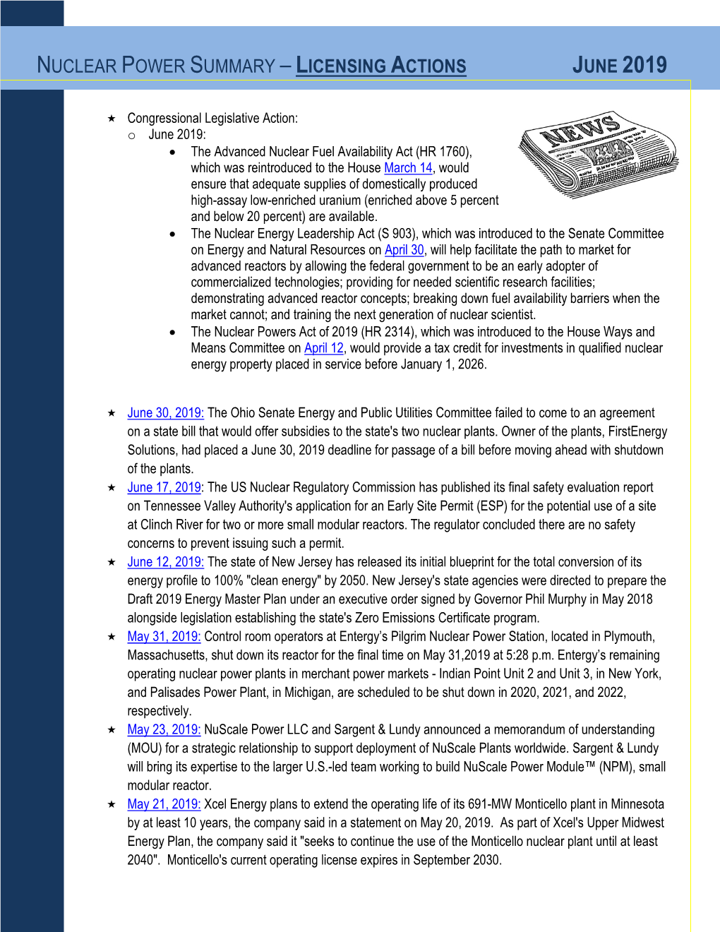 Nuclear Power Summary – Licensing Actions June 2019