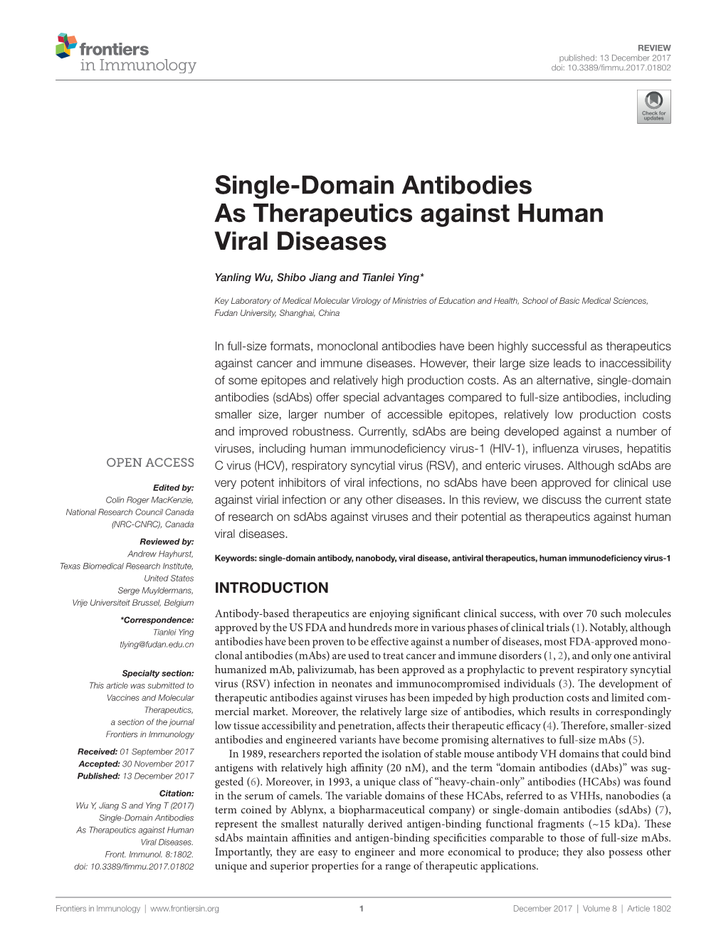 Single-Domain Antibodies As Therapeutics Against Human Viral Diseases