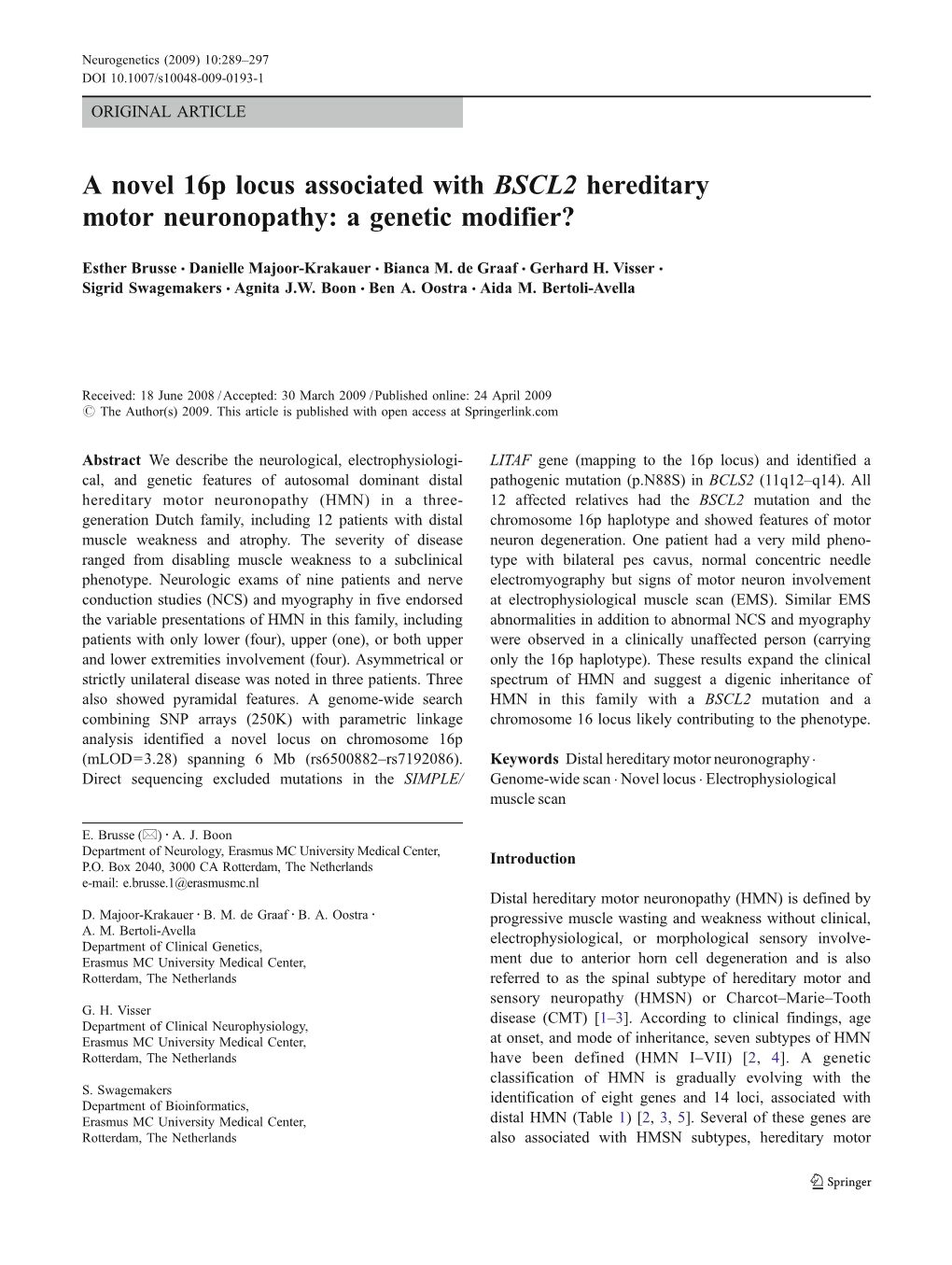 A Novel 16P Locus Associated with BSCL2 Hereditary Motor Neuronopathy: a Genetic Modifier?