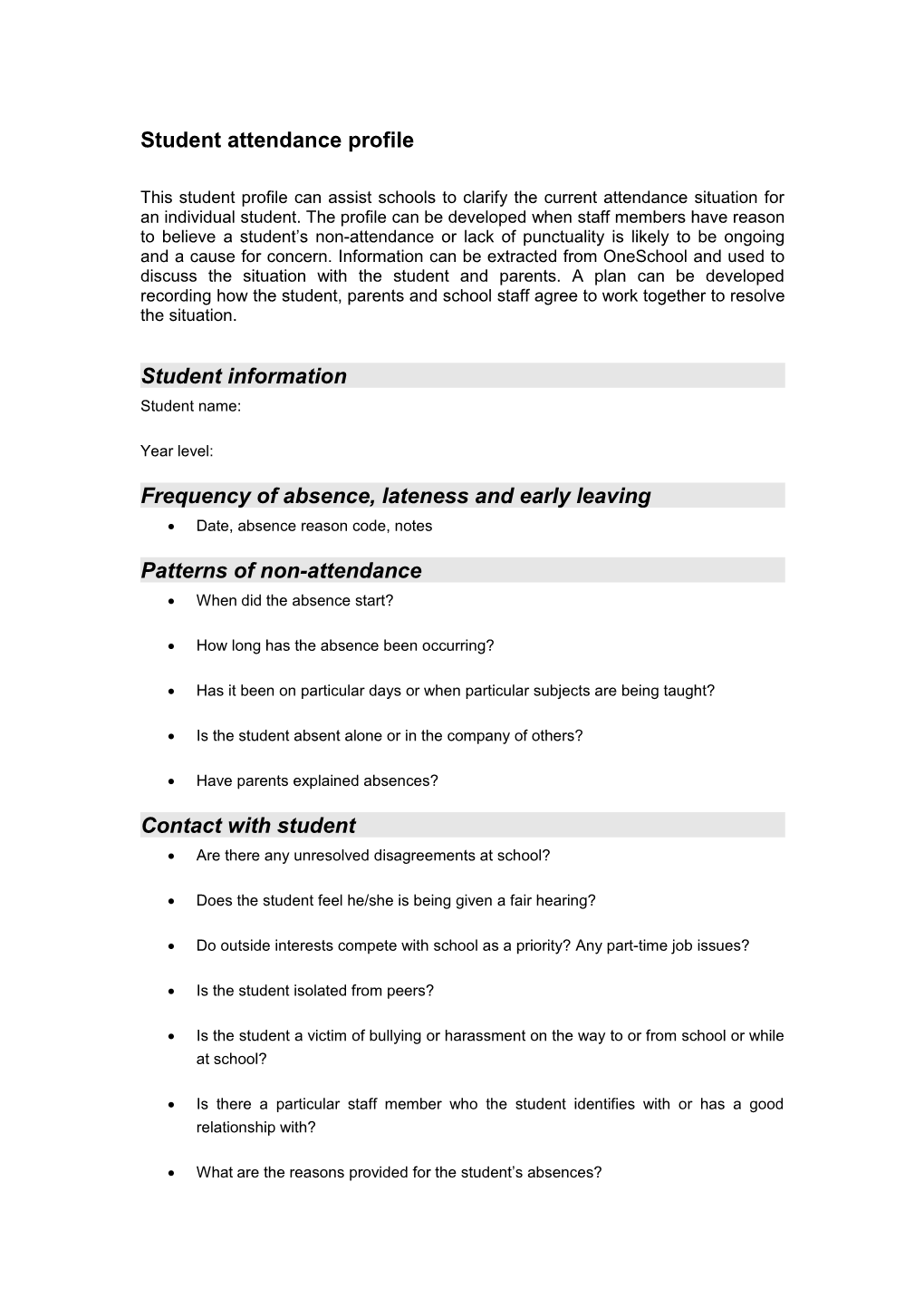 Sample Student Attendance Profile