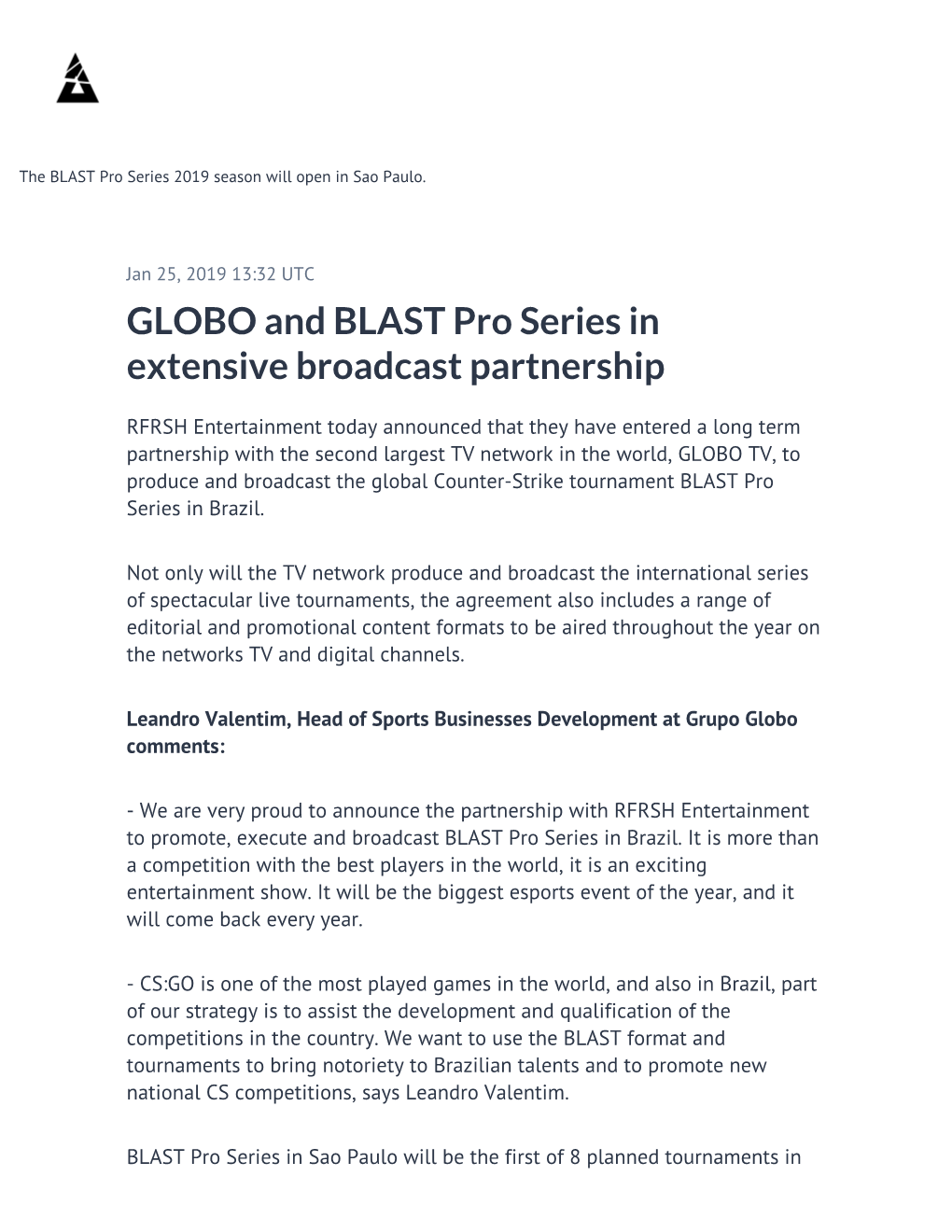 GLOBO and BLAST Pro Series in Extensive Broadcast Partnership