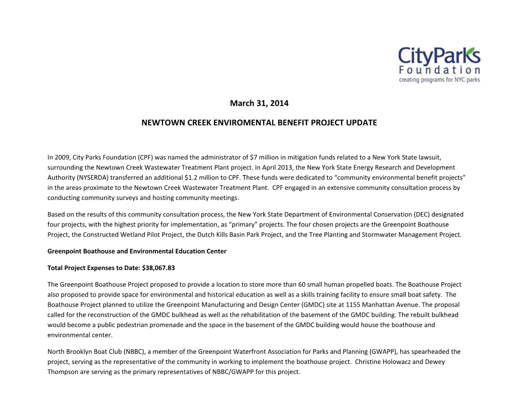 Newtown Creek Enviromental Benefit Project Update