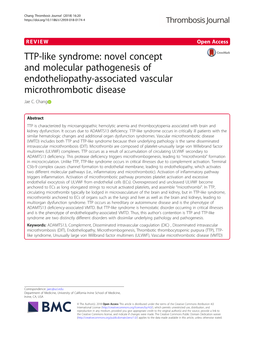 TTP-Like Syndrome: Novel Concept and Molecular Pathogenesis of Endotheliopathy-Associated Vascular Microthrombotic Disease Jae C