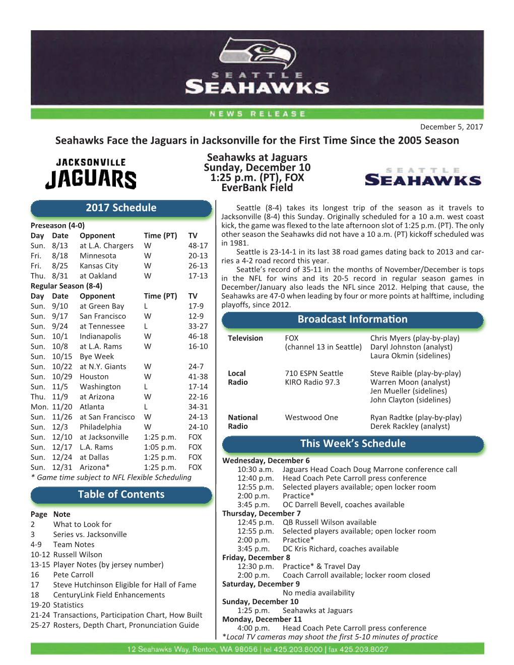 Seahawks at Jaguars Sunday, December 10 1:25 Pm (PT)