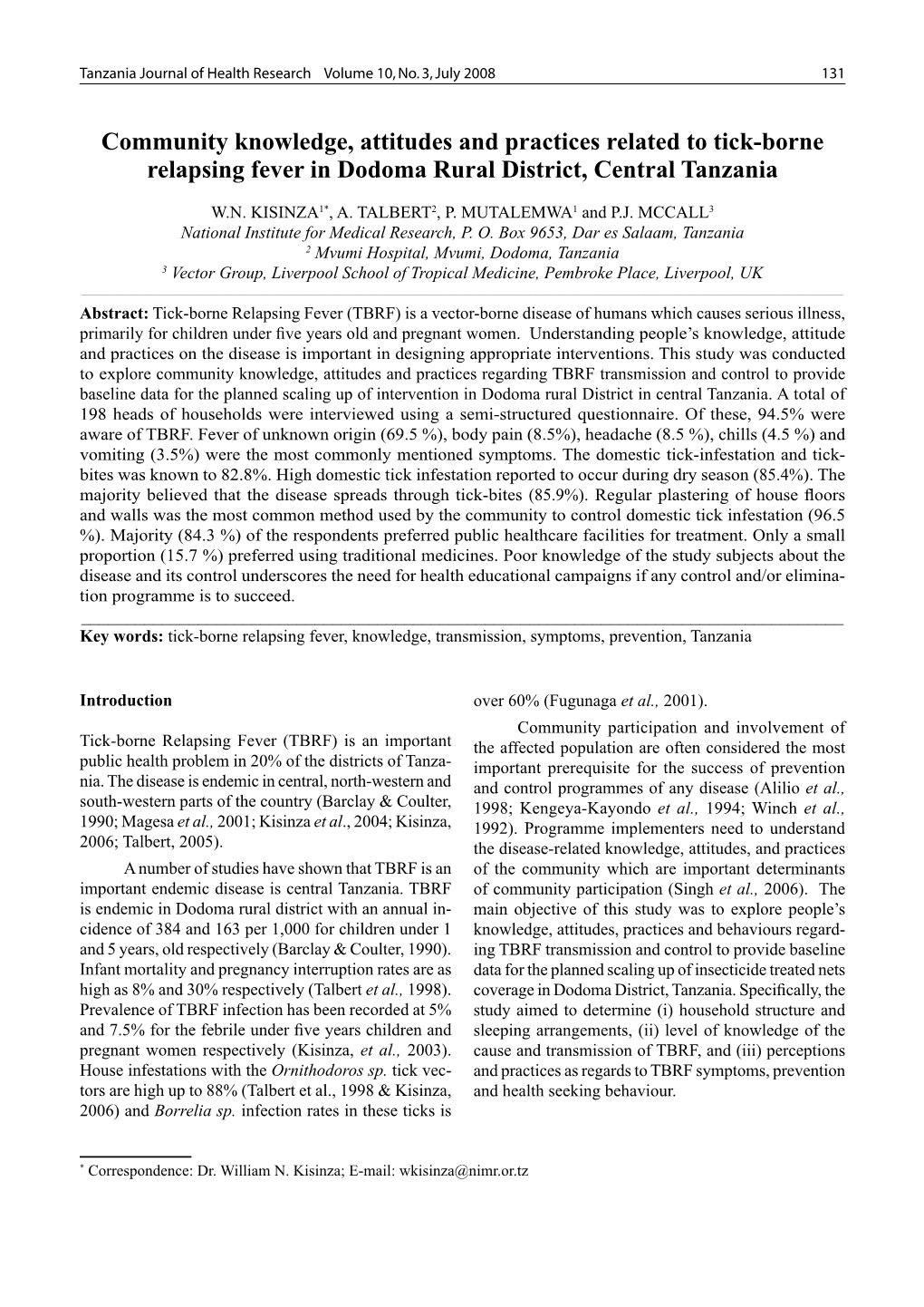 Community Knowledge, Attitudes and Practices Related to Tick-Borne Relapsing Fever in Dodoma Rural District, Central Tanzania