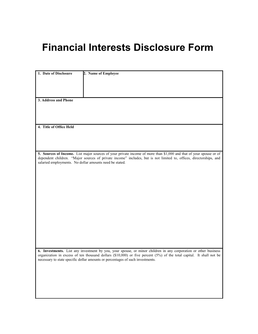 Financial Interests Disclosure Form