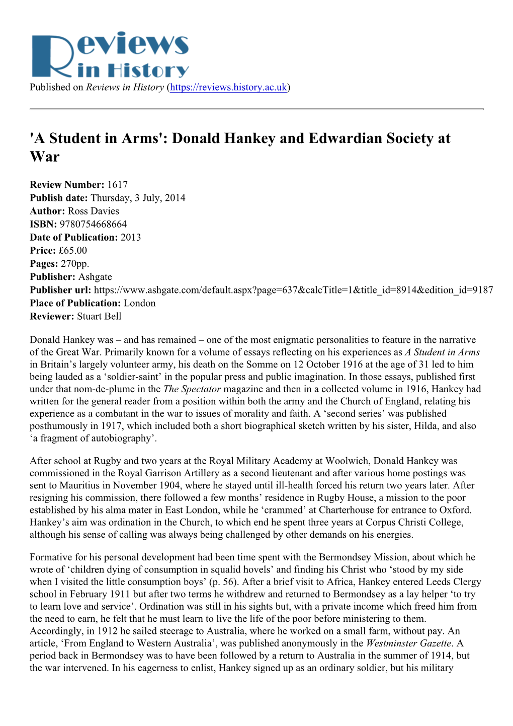 Donald Hankey and Edwardian Society at War