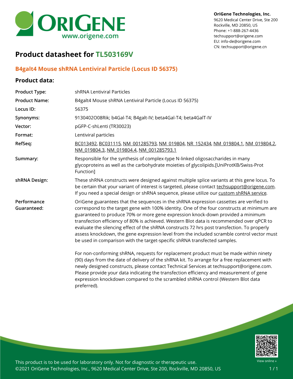 B4galt4 Mouse Shrna Lentiviral Particle (Locus ID 56375) Product Data